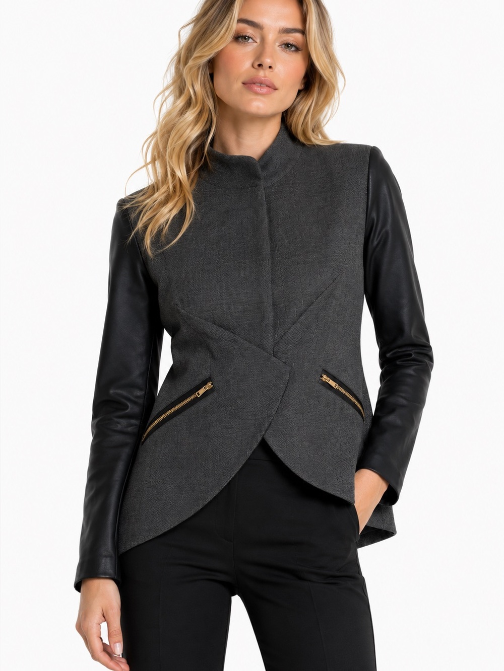Gray and black snap front jacket zipper pockets